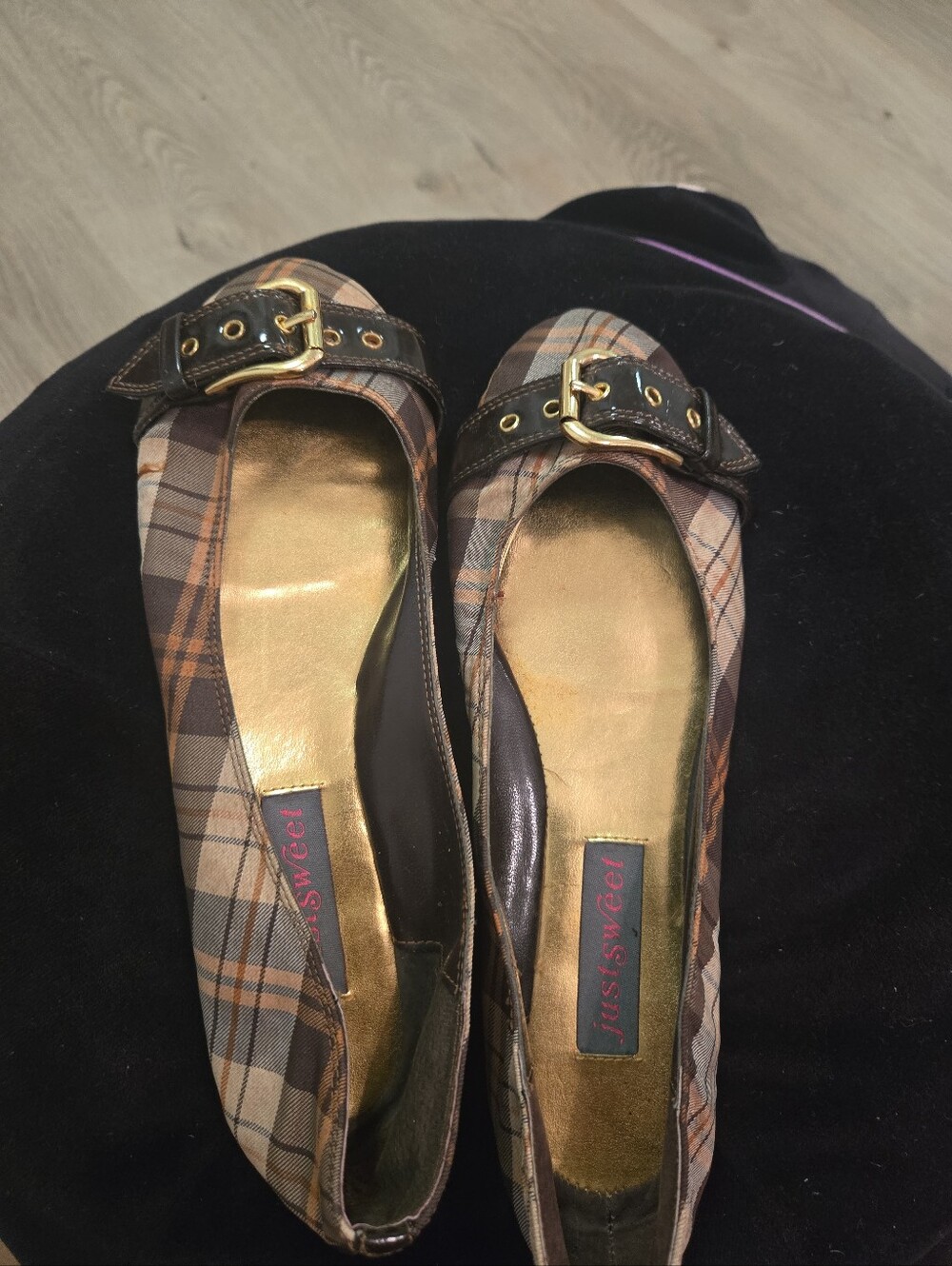 Plaid Ballet Flats with Gold Buckle Detail - Brown